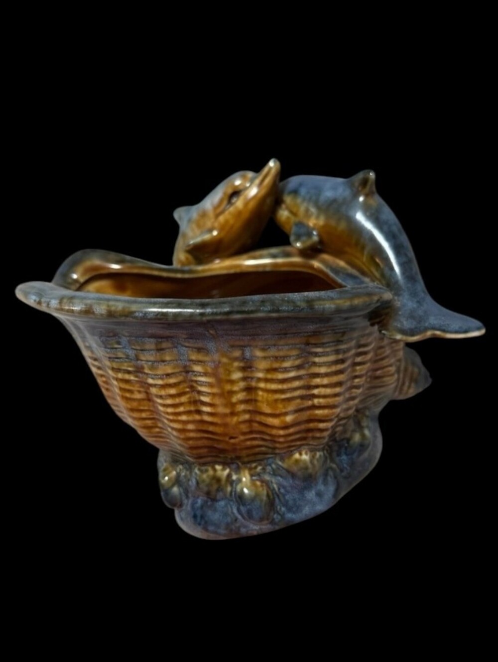 Ceramic Dolphin & Shell Figurine in Blue and Golden Brown